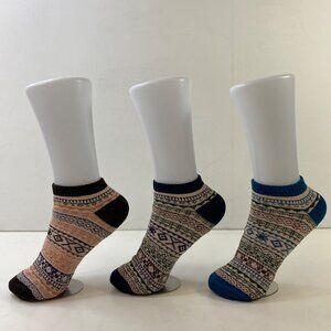 Womens Ankle Socks Set 3 Geometric Tribal Print Multicolor Orange Blue Brown